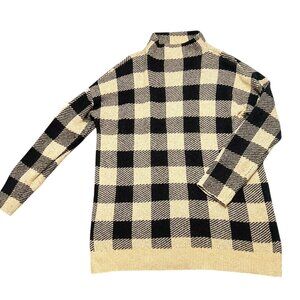 Loft Sweater Womens Size L Tan Black Checkered Plaid Knit Mock Neck Ann Taylor